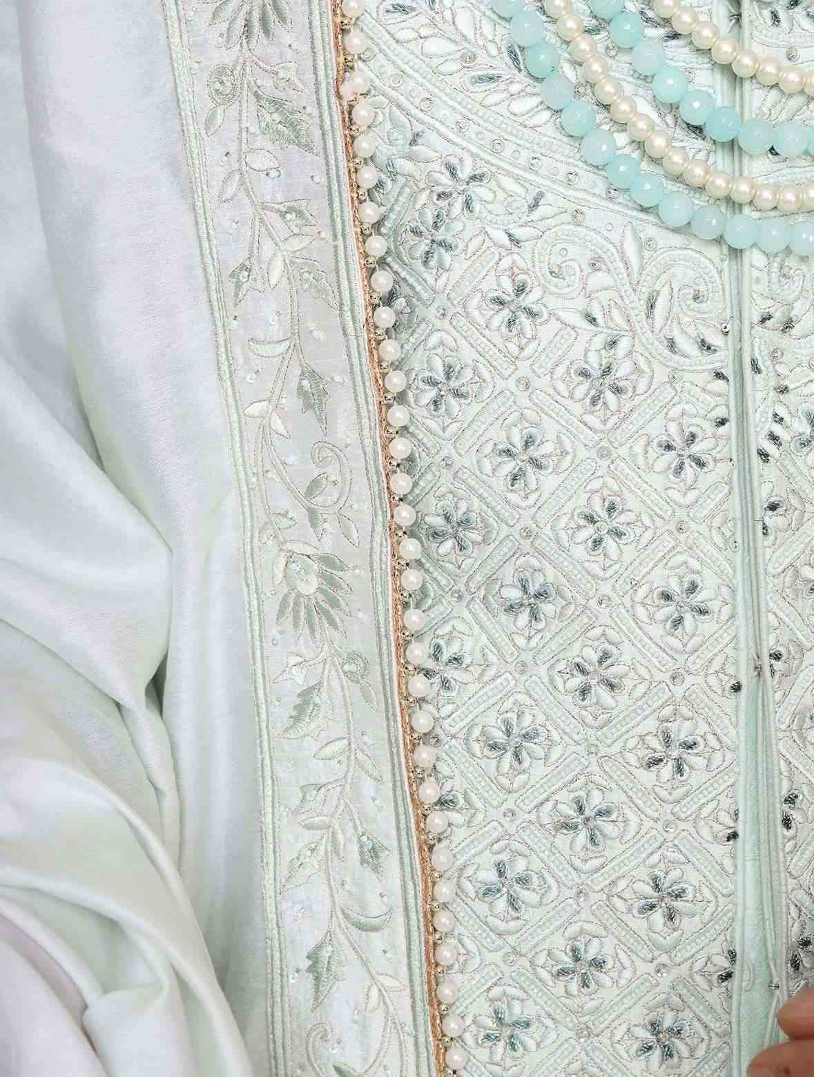 Mint Green Pure Raw Silk Hand Embroidered Designer Sherwani Set