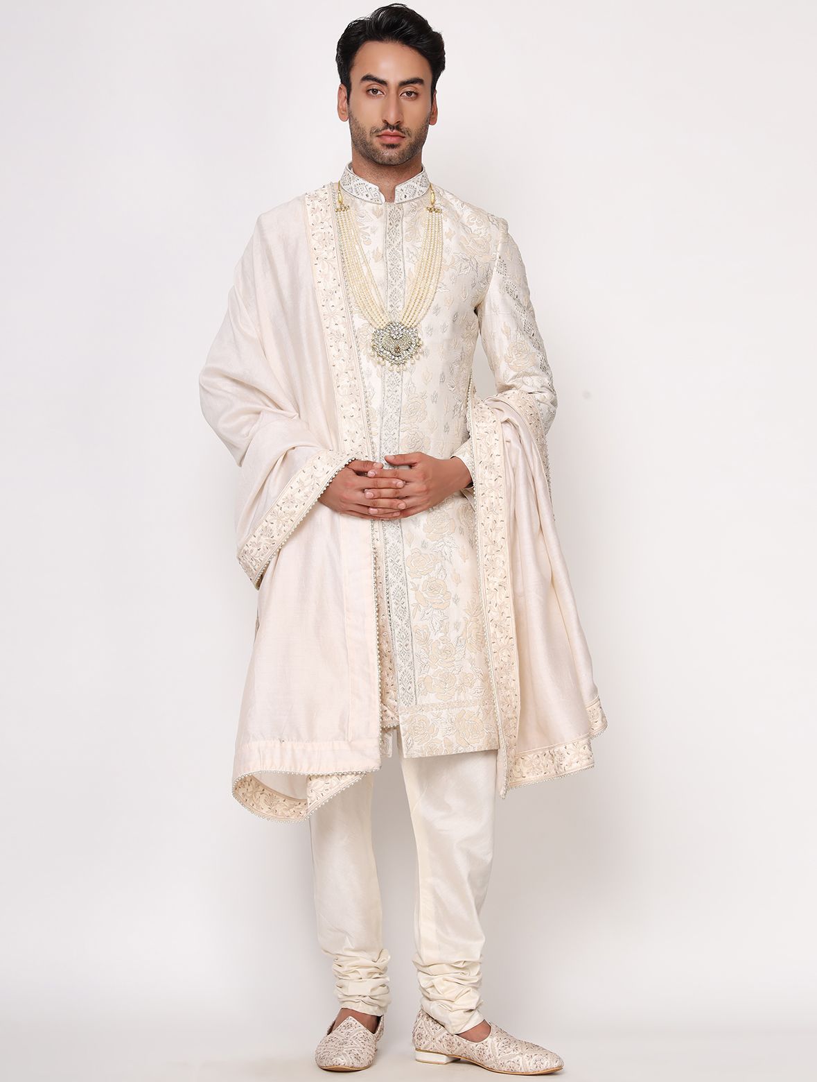 Ivory Pure Raw Silk Resham Work Designer Sherwani Set