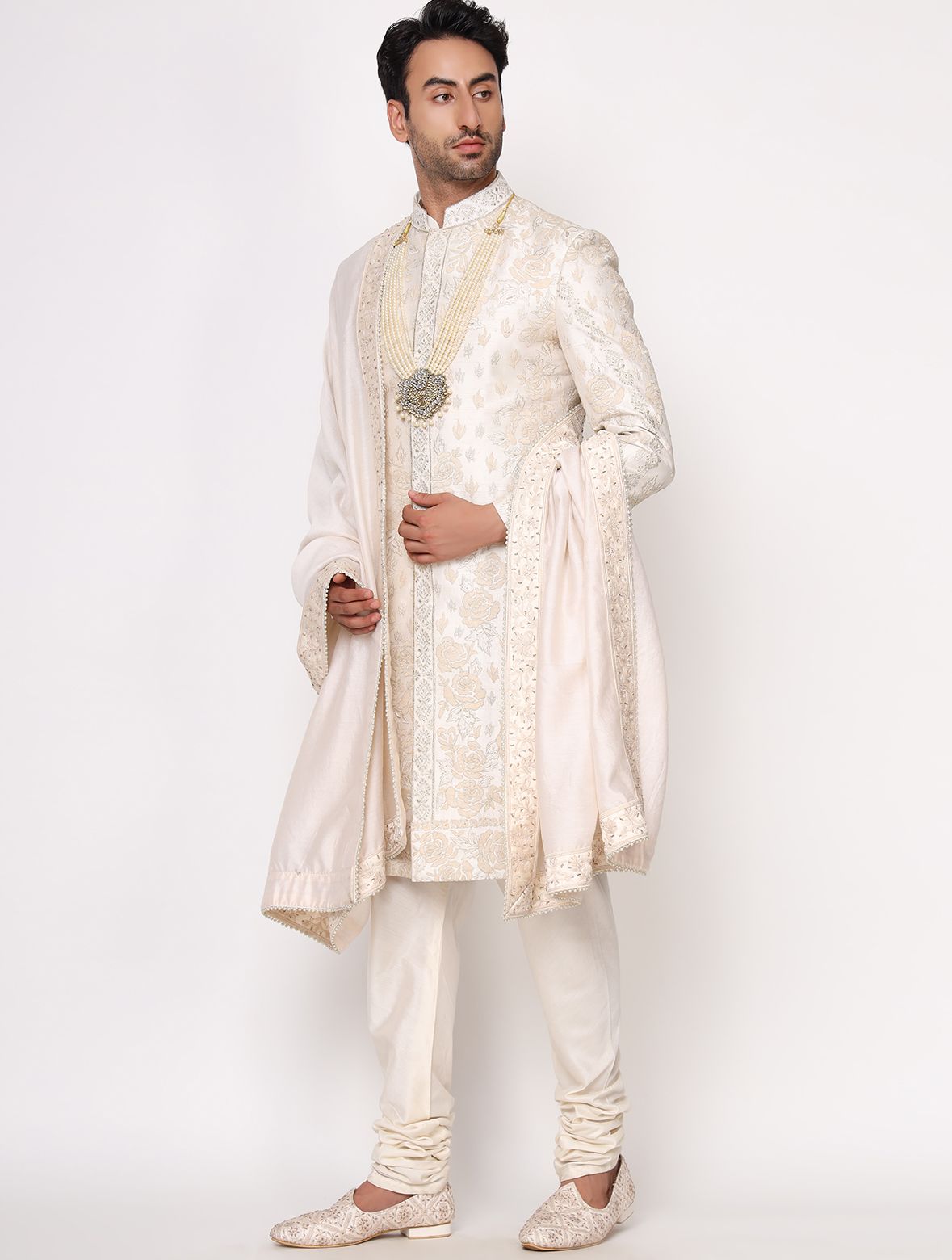 Ivory Pure Raw Silk Resham Work Designer Sherwani Set
