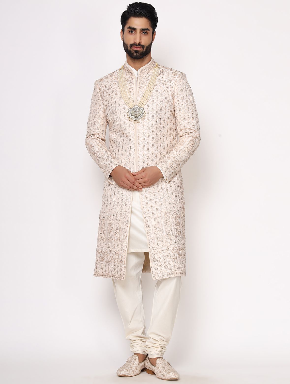 Light Gold Pure Raw Silk Full Resham Work Designer Sherwani Set