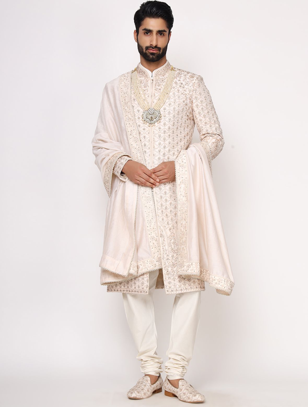 Light Gold Pure Raw Silk Full Resham Work Designer Sherwani Set