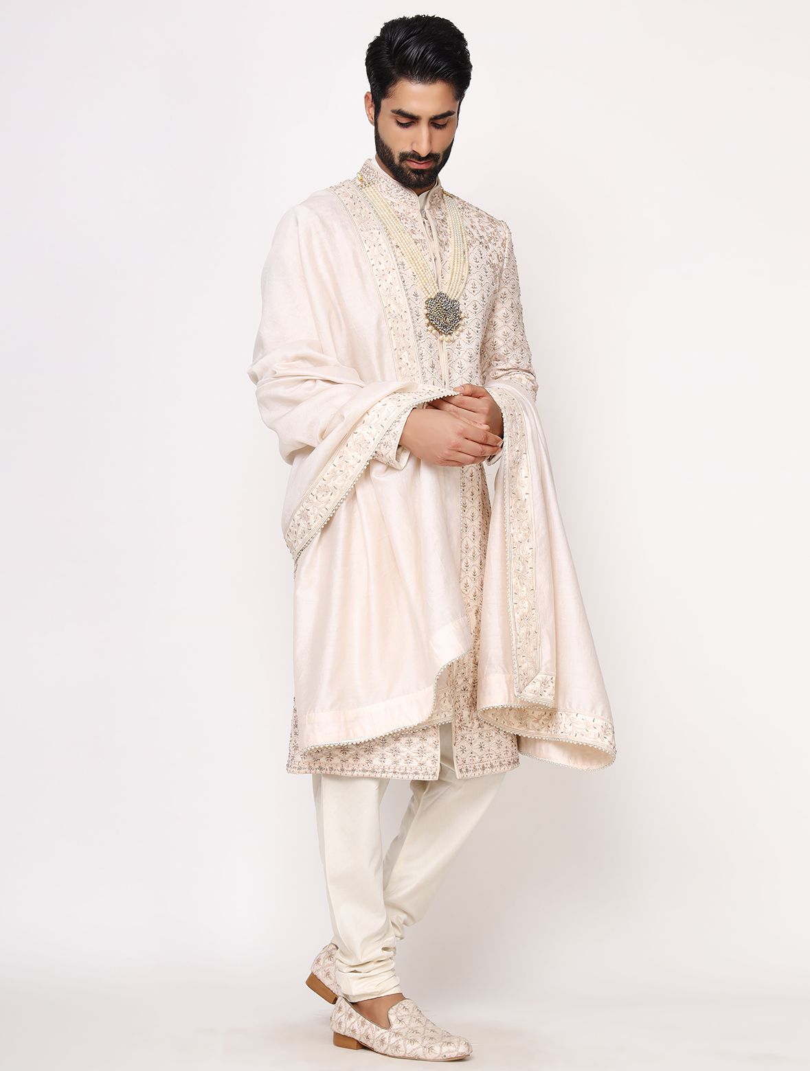 Light Gold Pure Raw Silk Full Resham Work Designer Sherwani Set