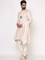 Light Gold Pure Raw Silk Full Resham Work Designer Sherwani Set