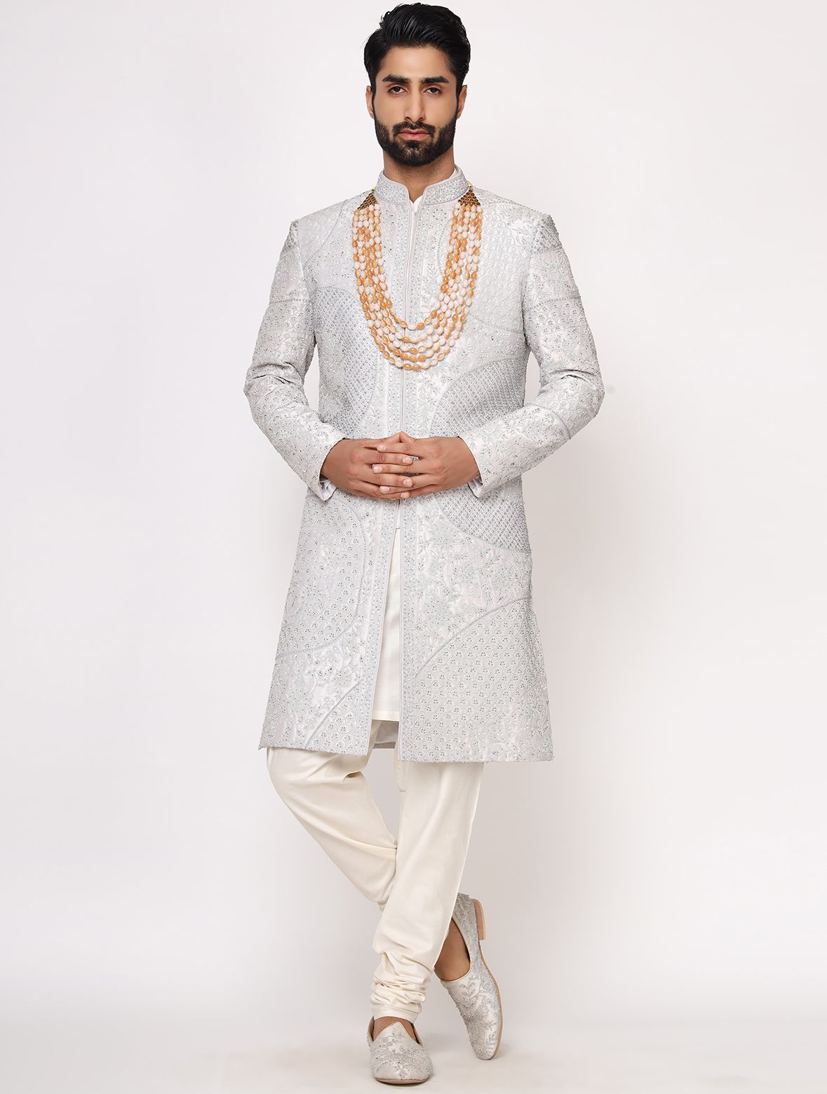 Grey Pure Raw Silk Hand Embroidered Designer Sherwani Set