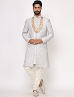 Grey Pure Raw Silk Hand Embroidered Designer Sherwani Set