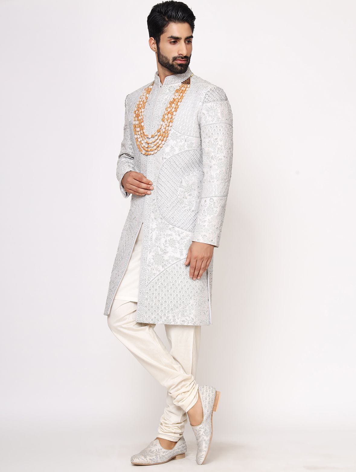 Grey Pure Raw Silk Hand Embroidered Designer Sherwani Set