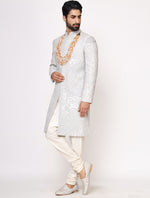 Grey Pure Raw Silk Hand Embroidered Designer Sherwani Set