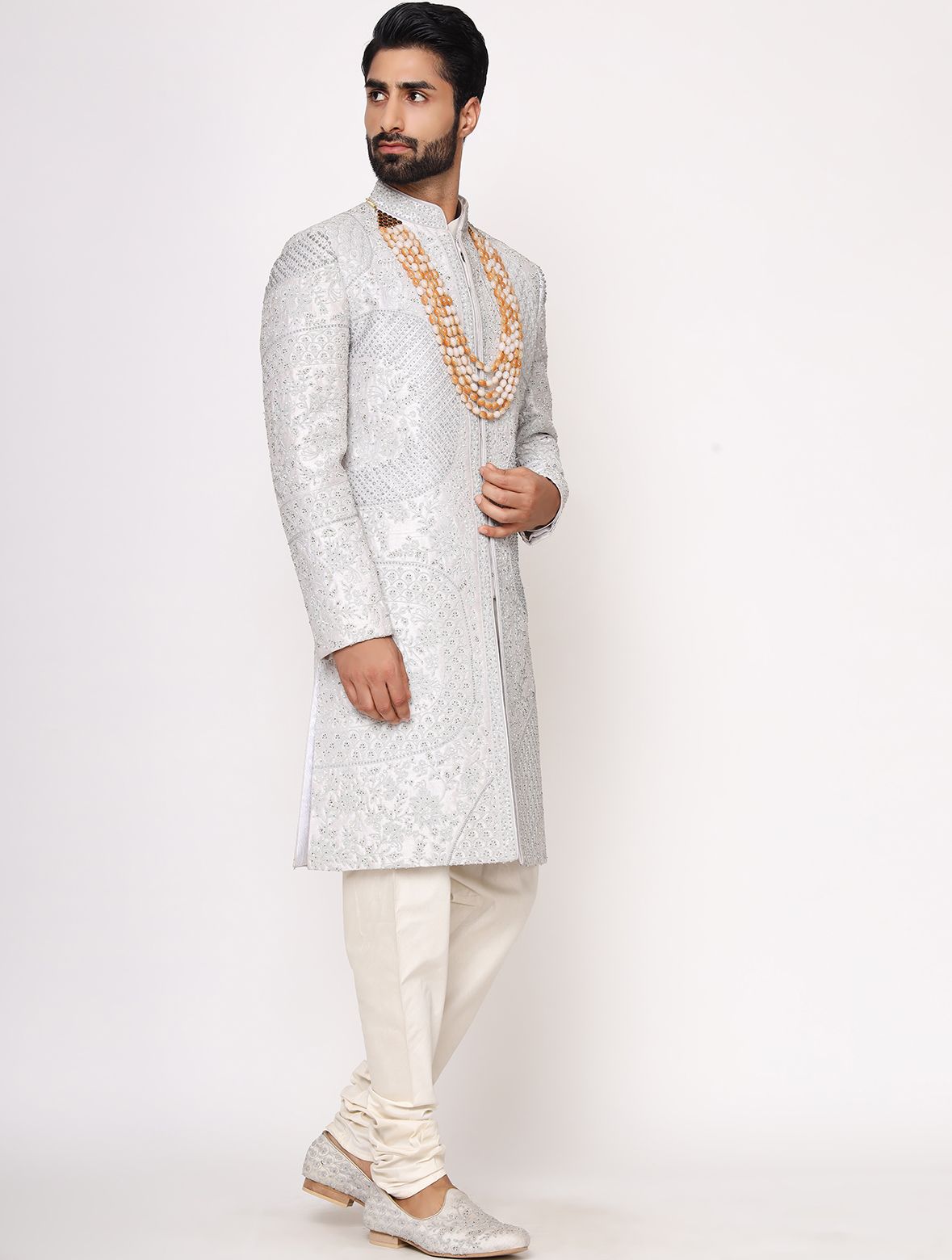 Grey Pure Raw Silk Hand Embroidered Designer Sherwani Set