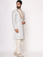 Grey Pure Raw Silk Hand Embroidered Designer Sherwani Set