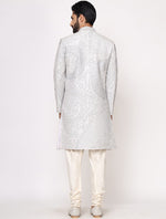 Grey Pure Raw Silk Hand Embroidered Designer Sherwani Set
