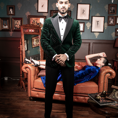 Green Cotton velvet Hand embroidered Tuxedos Suit