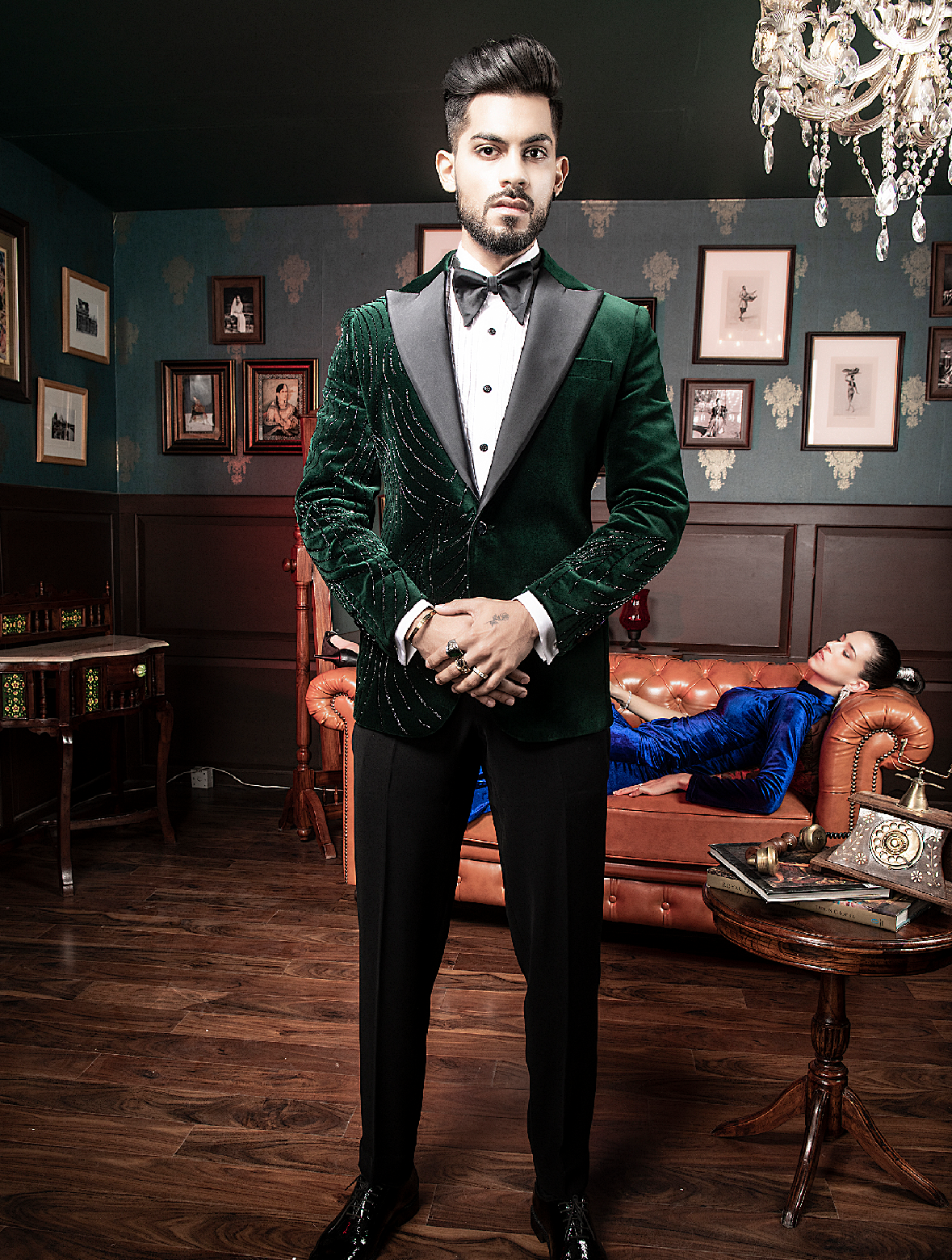 Green Cotton velvet Hand embroidered Tuxedos Suit
