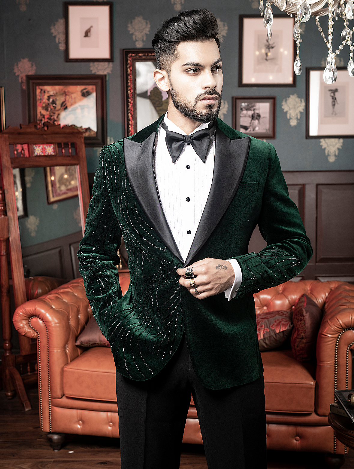 Green Cotton velvet Hand embroidered Tuxedos Suit