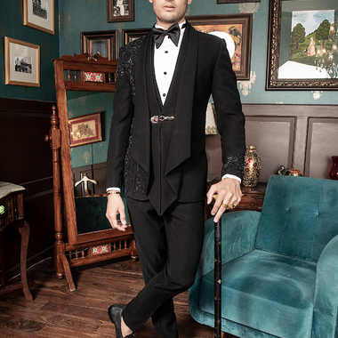 Black Italian Hand Embroidered Drape Style Tuxedos Suit