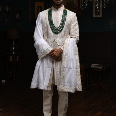 Ivory Pure Raw Silk Kiran Dori Work Designer Sherwani Set