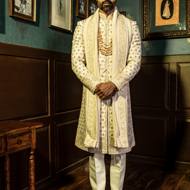 Ivory Pure Raw Silk Hand Embroidered Designer Sherwani Set