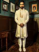 Ivory Pure Raw Silk Hand Embroidered Designer Sherwani Set