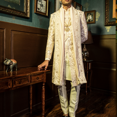 Light Pink Pure Raw Silk Hand Embroidered Kamarband Style Sherwani Set