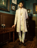 Light Pink Pure Raw Silk Hand Embroidered Kamarband Style Sherwani Set