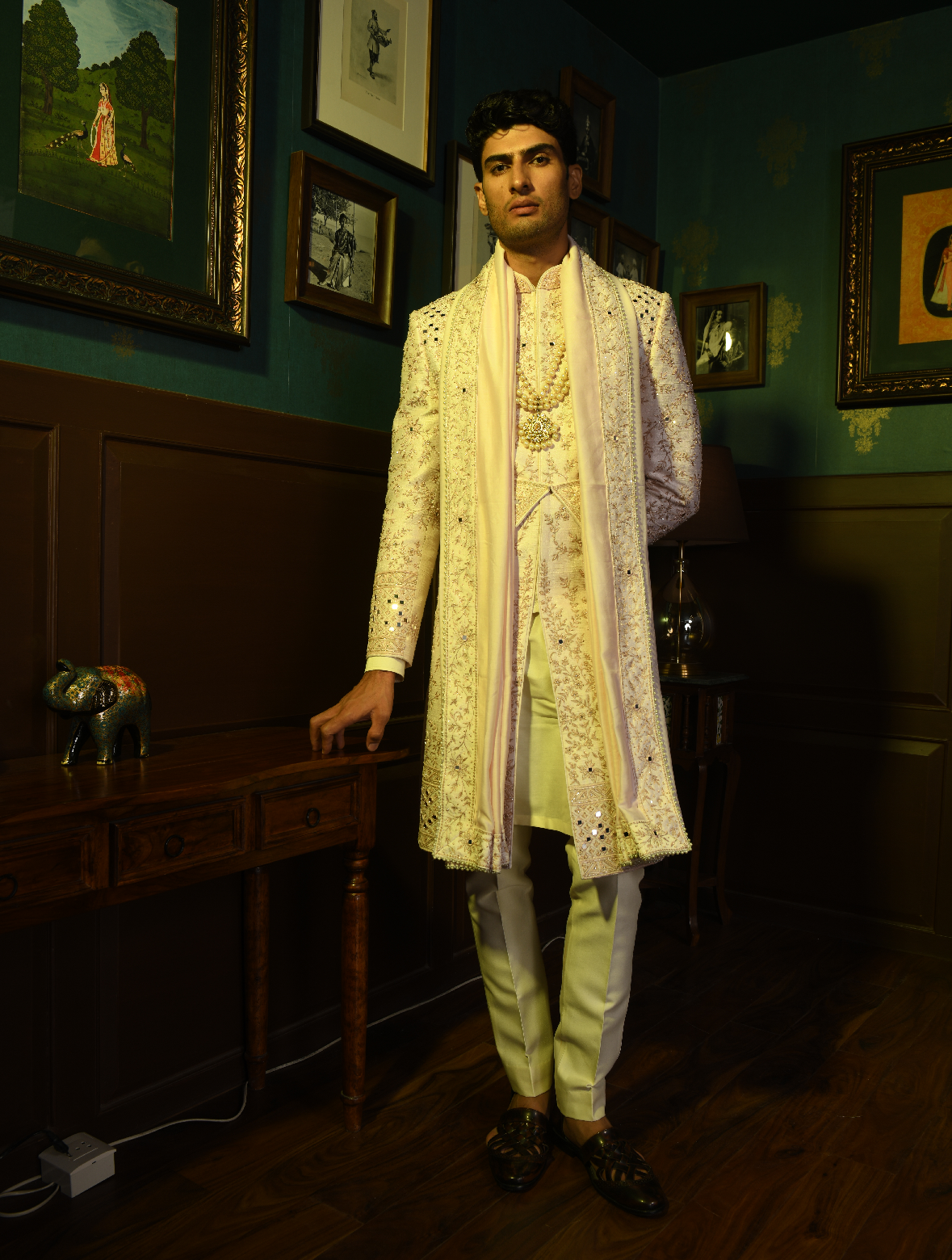 Light Pink Pure Raw Silk Hand Embroidered Kamarband Style Sherwani Set