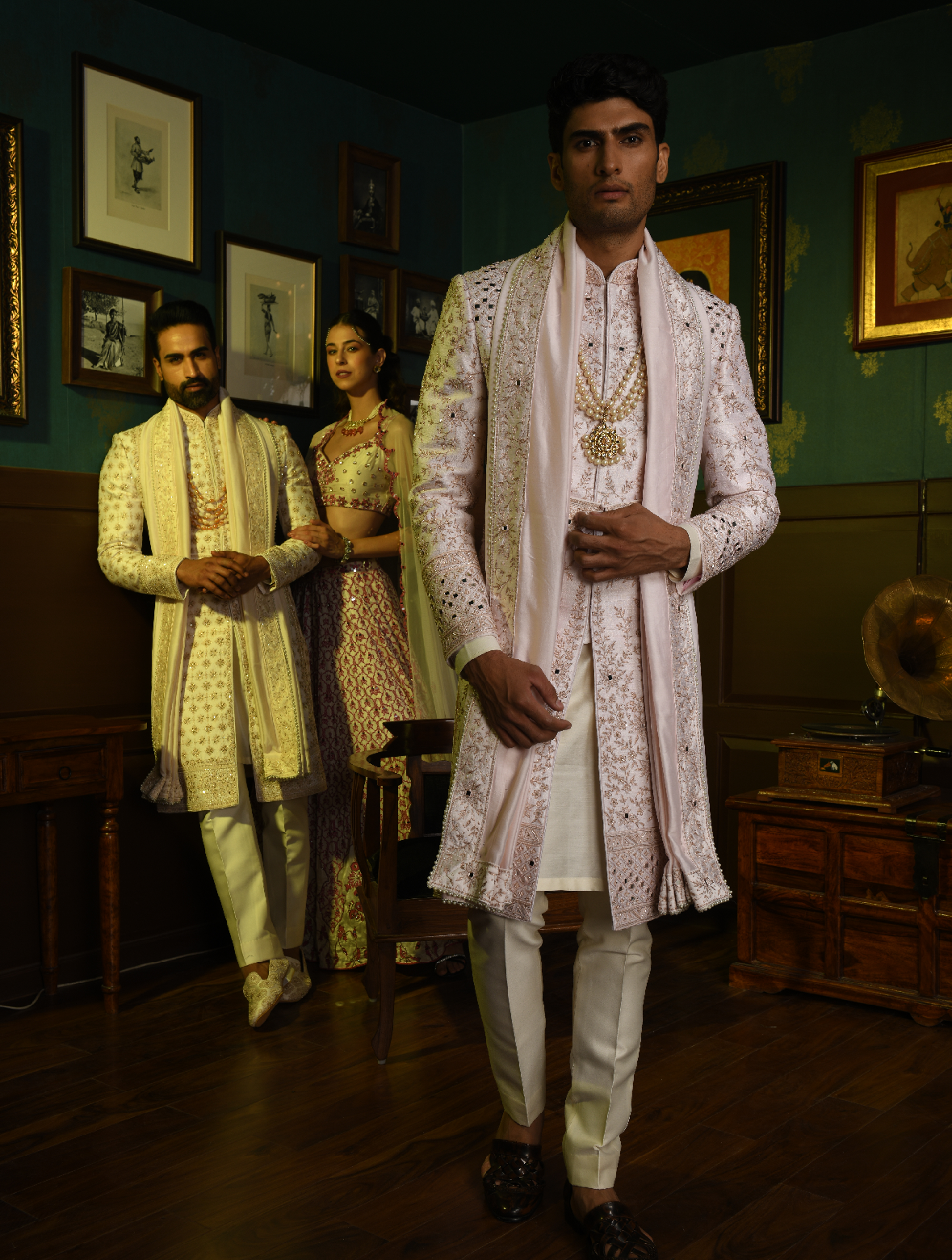 Light Pink Pure Raw Silk Hand Embroidered Kamarband Style Sherwani Set