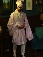 Light Pink pure Raw Silk yoke Design Hand Embroidered Designer Sherwani Set