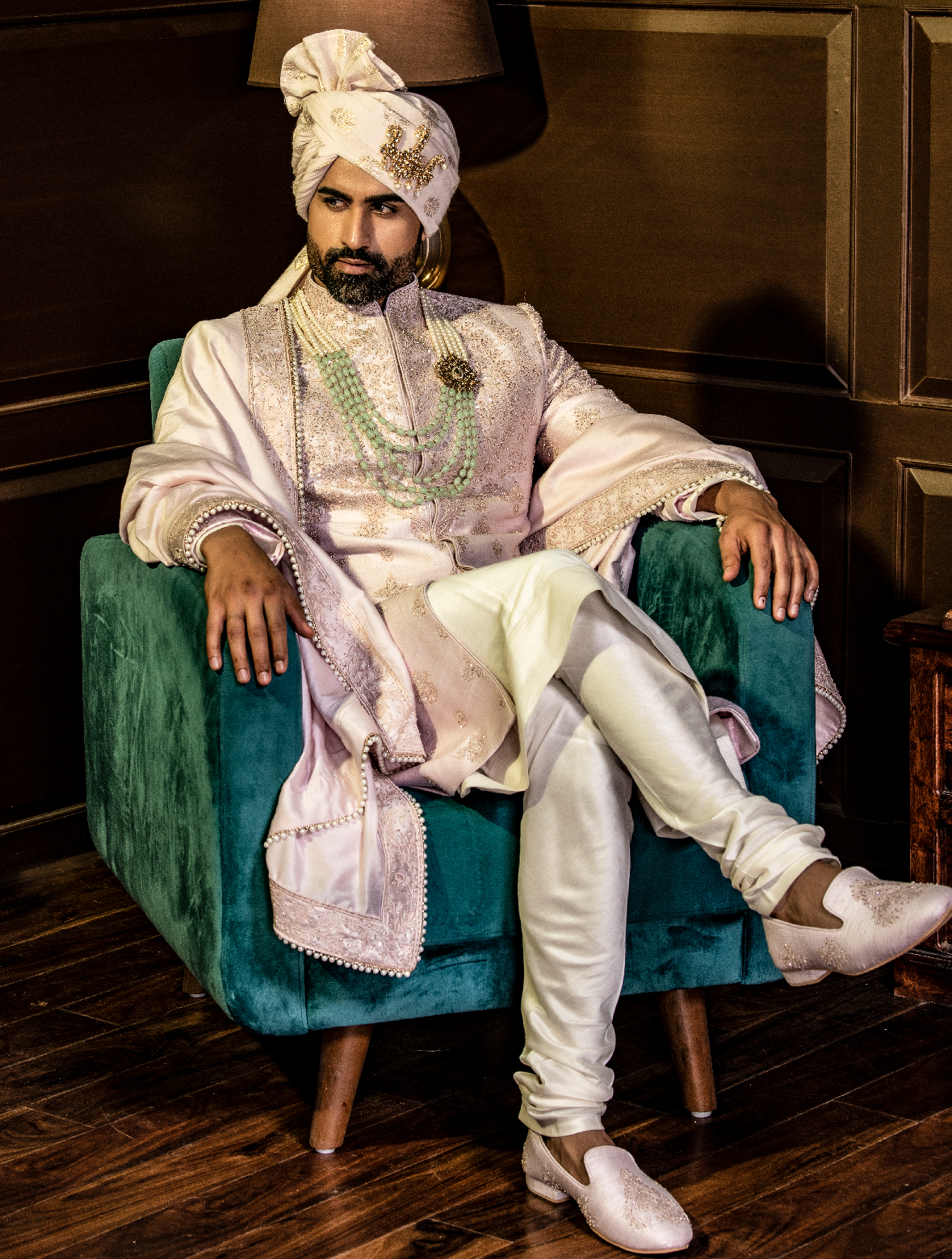 Light Pink pure Raw Silk yoke Design Hand Embroidered Designer Sherwani Set