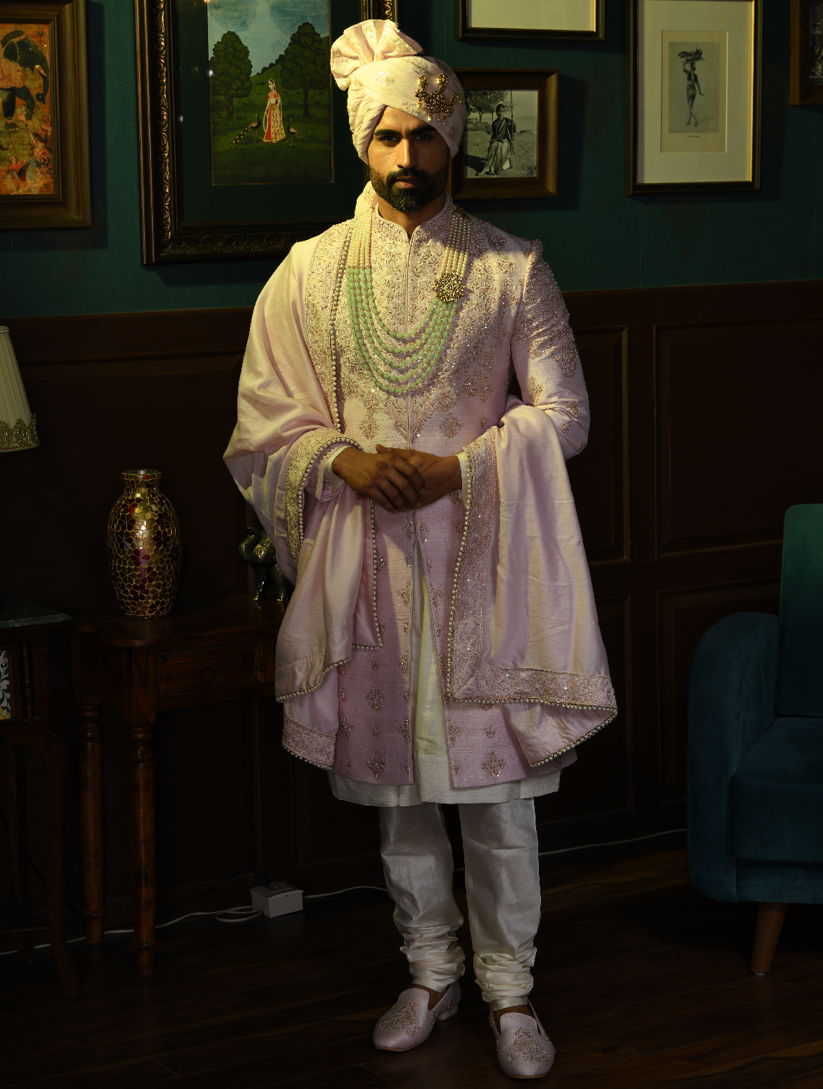Light Pink pure Raw Silk yoke Design Hand Embroidered Designer Sherwani Set