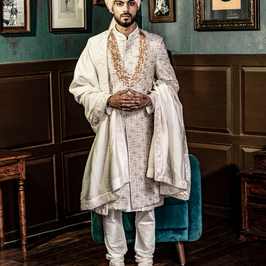 Ivory Pure Raw Silk Full Jaal Work Hand Embroidered Designer Sherwani Set