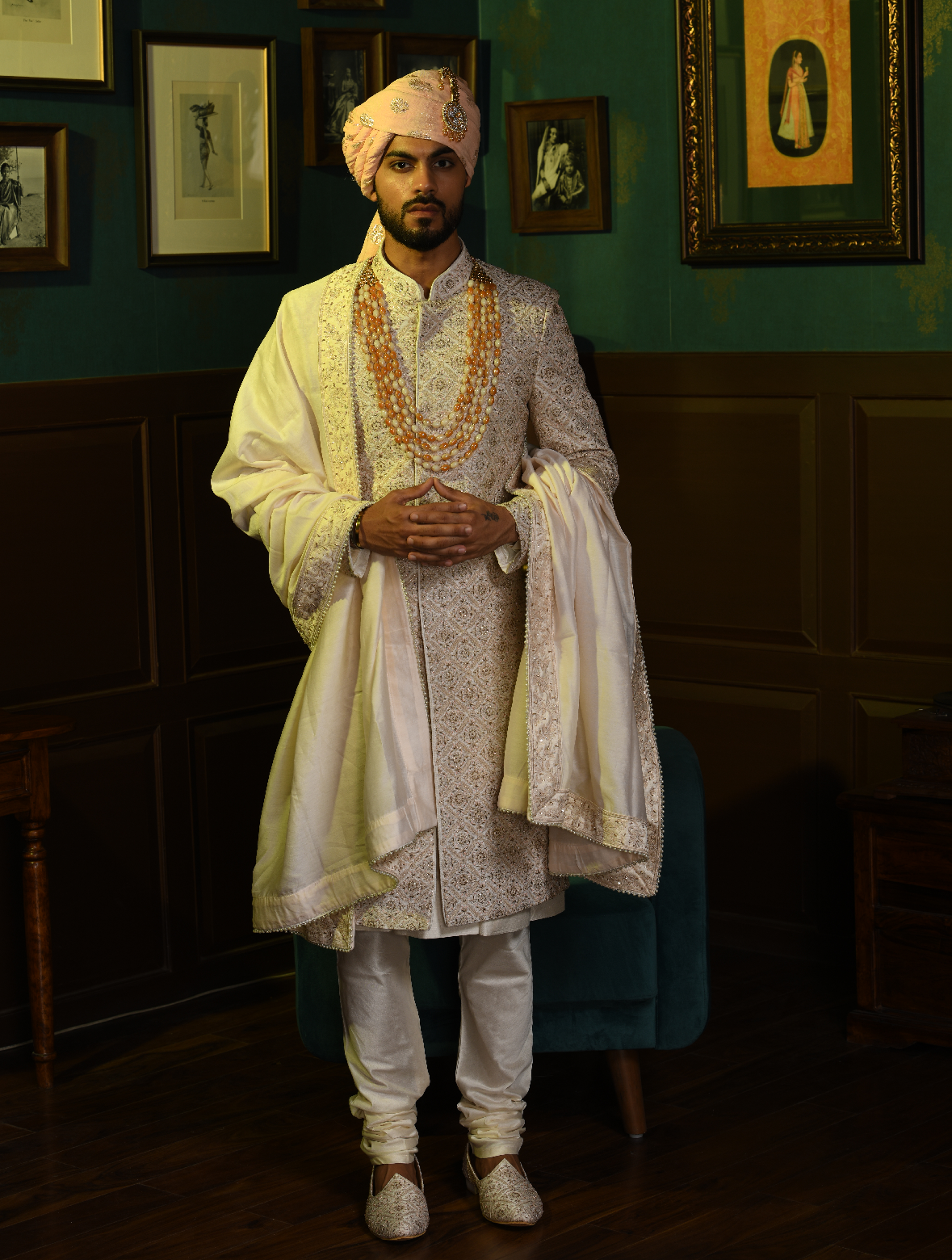 Ivory Pure Raw Silk Full Jaal Work Hand Embroidered Designer Sherwani Set