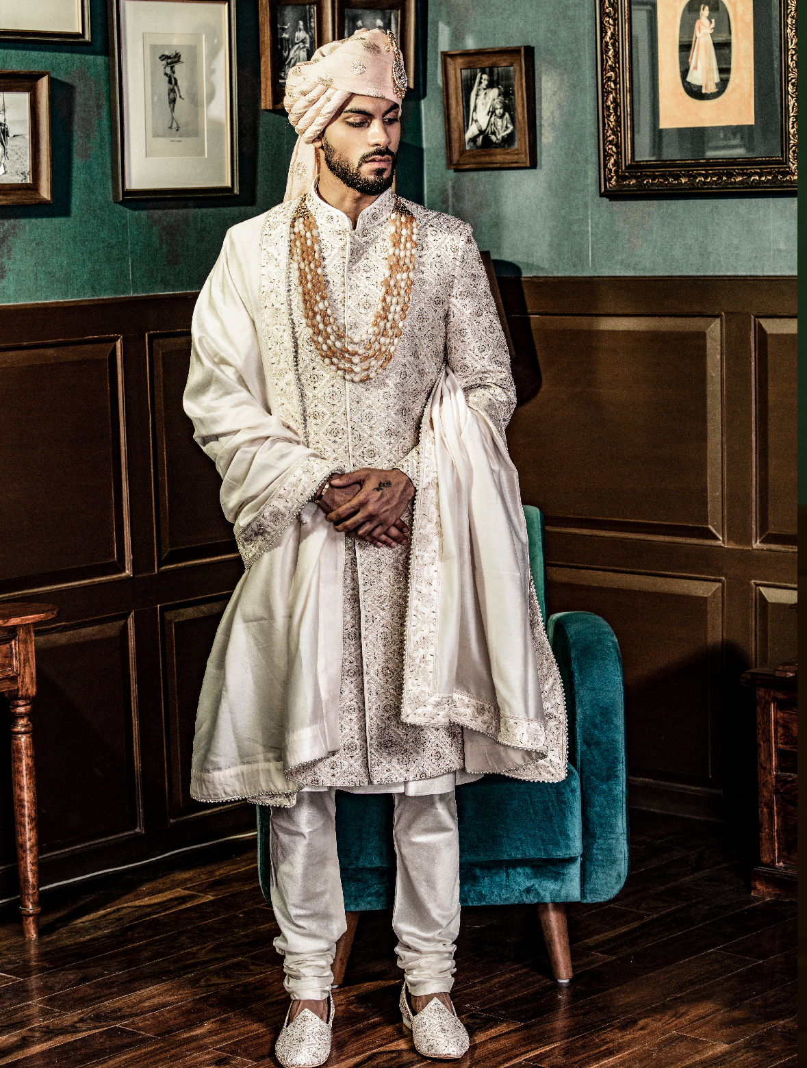 Ivory Pure Raw Silk Full Jaal Work Hand Embroidered Designer Sherwani Set