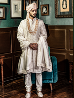 Ivory Pure Raw Silk Full Jaal Work Hand Embroidered Designer Sherwani Set