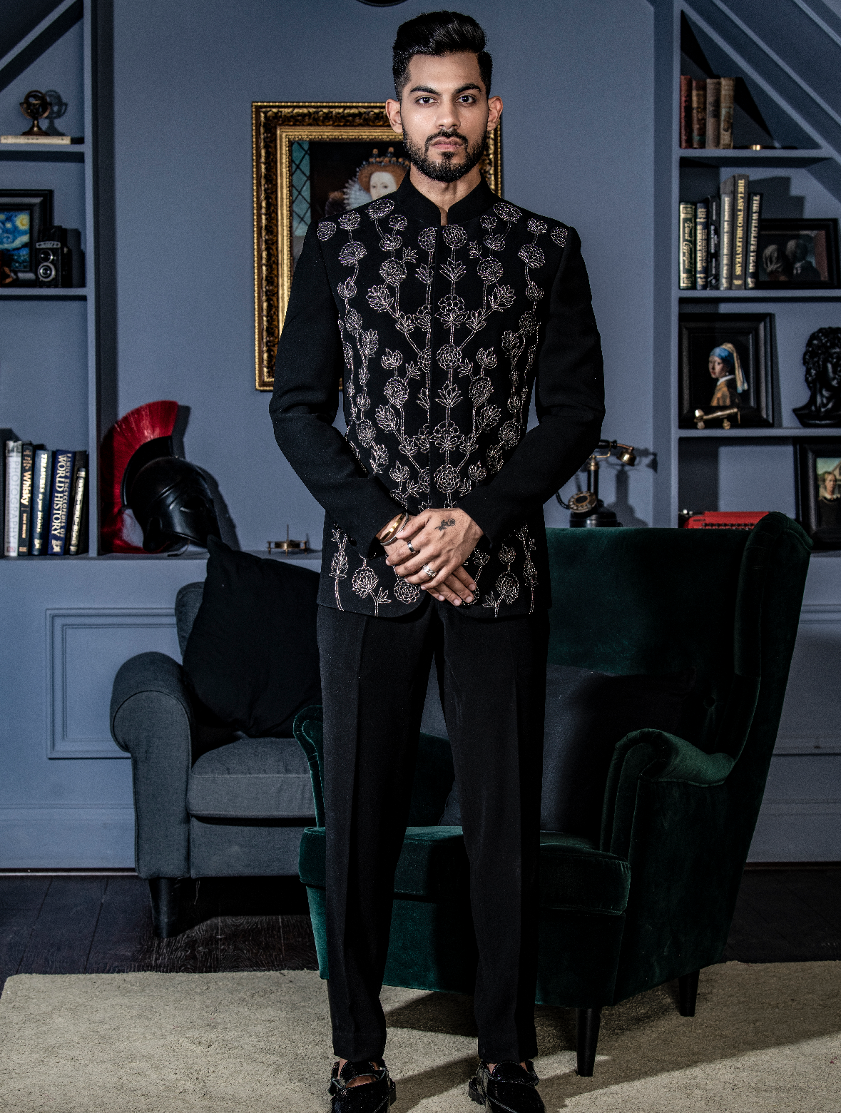 Black Hand Embroidered Italian Fabric Stylish Band Gala