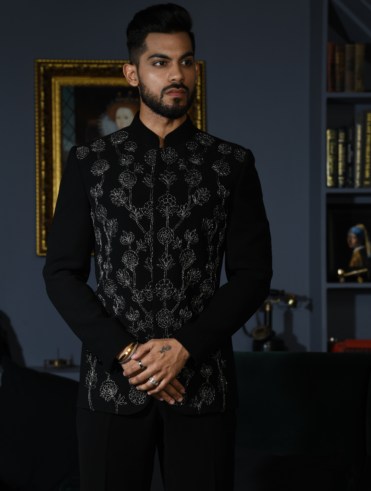 Black Hand Embroidered Italian Fabric Stylish Band Gala