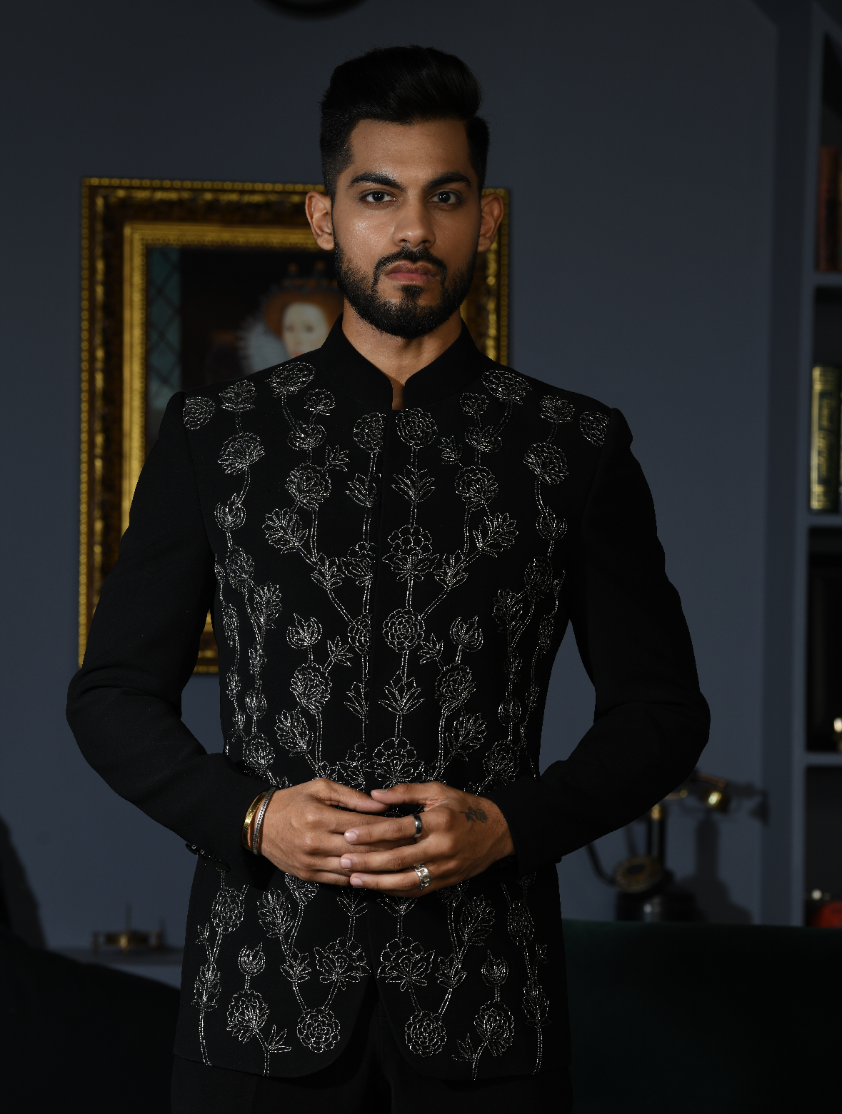 Black Hand Embroidered Italian Fabric Stylish Band Gala