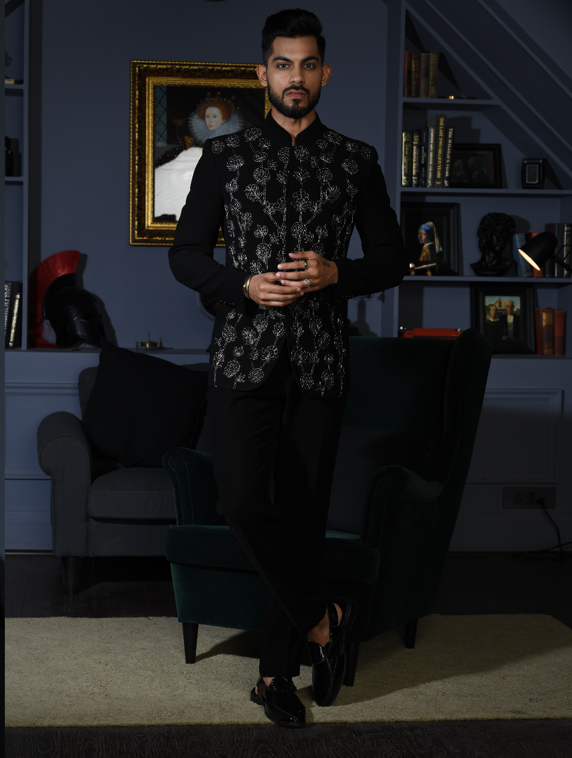 Black Hand Embroidered Italian Fabric Stylish Band Gala