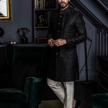 Black Pure Raw Silk Hand embroidered Indo Western Set