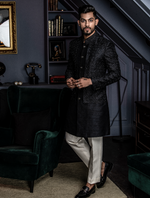 Black Pure Raw Silk Hand embroidered Indo Western Set