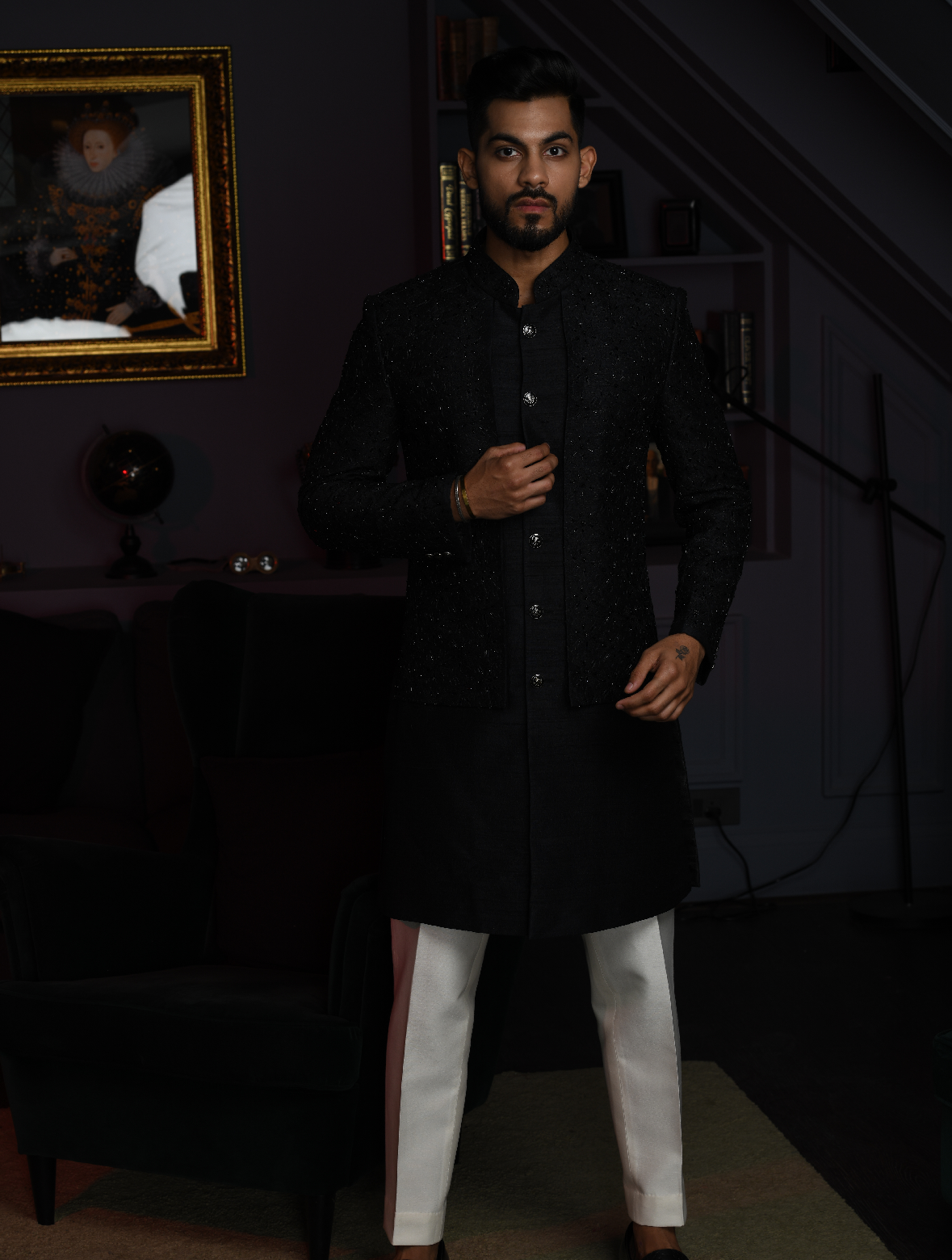 Black Pure Raw Silk Hand embroidered Indo Western Set
