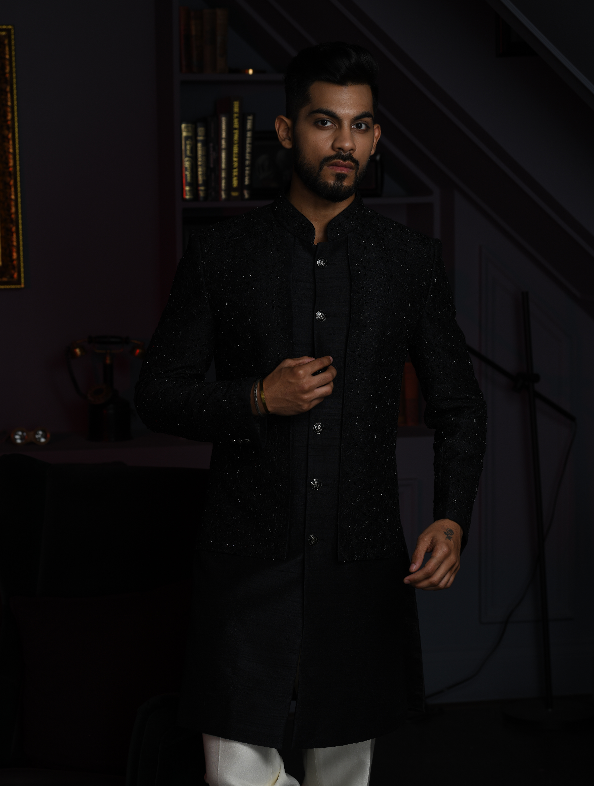 Black Pure Raw Silk Hand embroidered Indo Western Set
