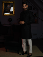 Black Pure Raw Silk Hand embroidered Indo Western Set
