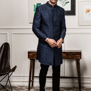 Navy Blue Pure Raw Silk Hand embroidered Indo Western Set
