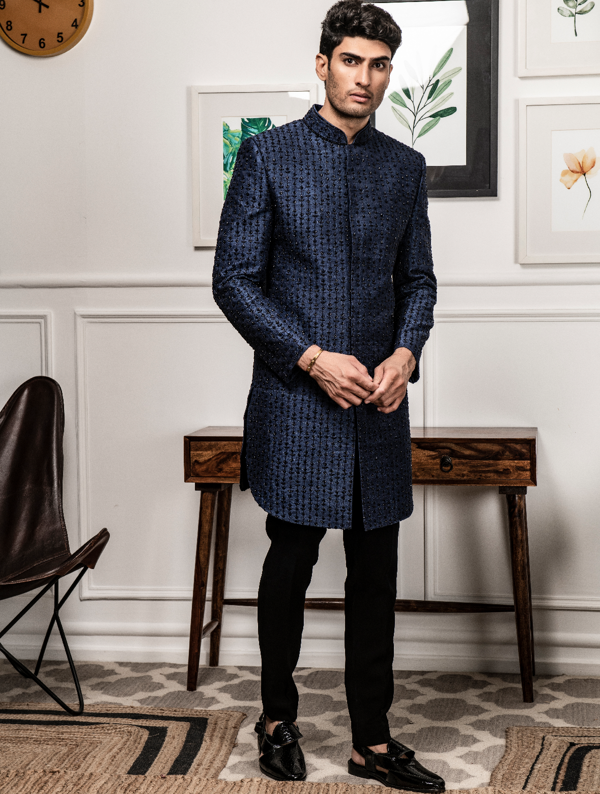 Navy Blue Pure Raw Silk Hand embroidered Indo Western Set