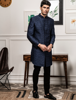 Navy Blue Pure Raw Silk Hand embroidered Indo Western Set