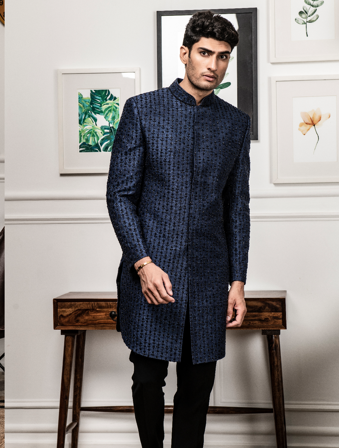 Navy Blue Pure Raw Silk Hand embroidered Indo Western Set