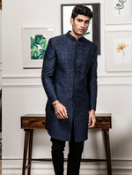 Navy Blue Pure Raw Silk Hand embroidered Indo Western Set