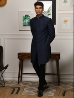 Navy Blue Pure Raw Silk Hand embroidered Indo Western Set