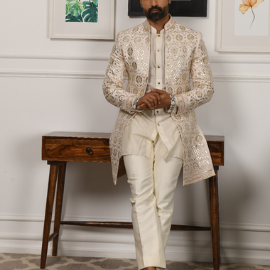 Off White Pure Raw Silk Leather Work Indo Western Set