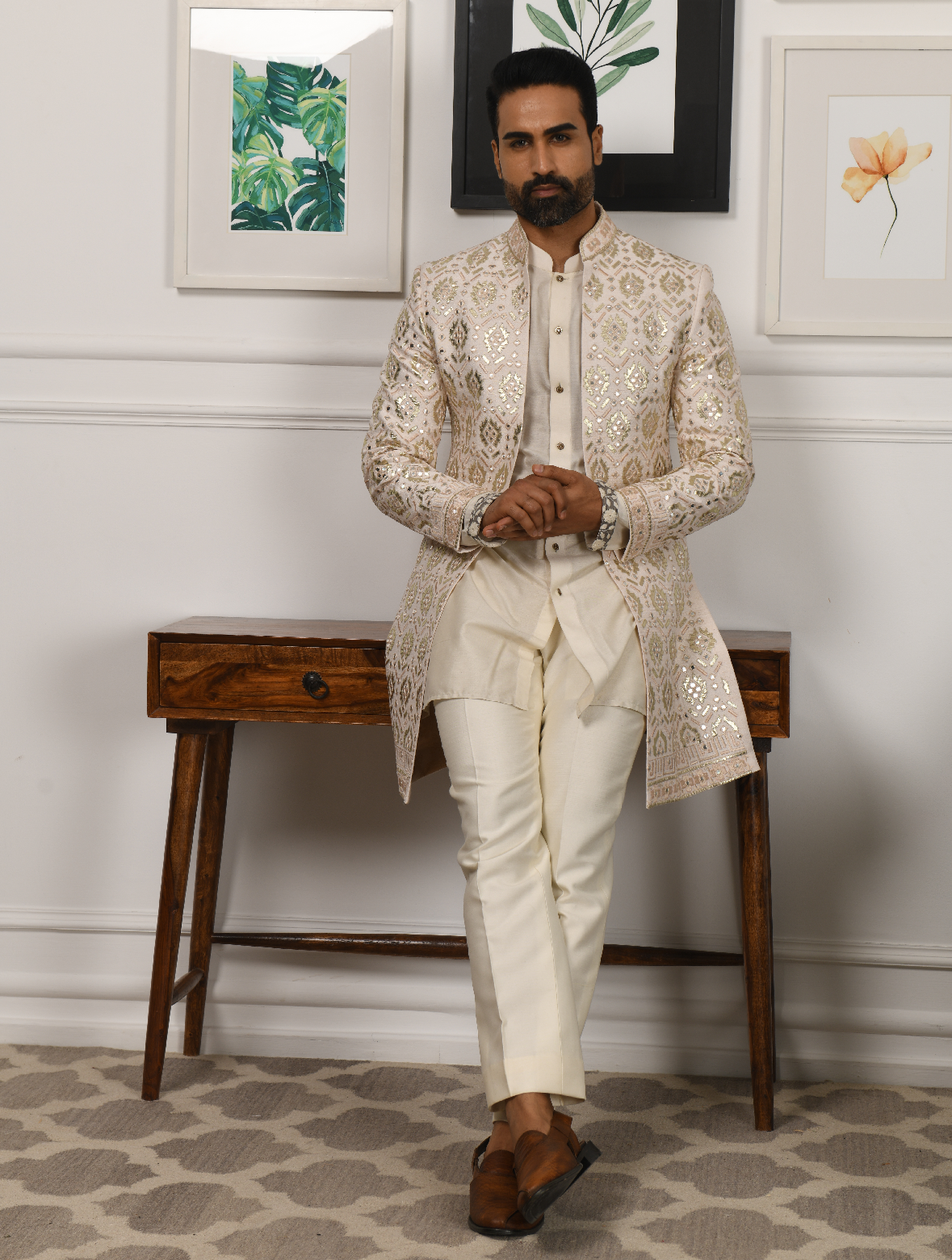 Off White Pure Raw Silk Leather Work Indo Western Set
