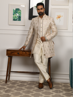 Off White Pure Raw Silk Leather Work Indo Western Set